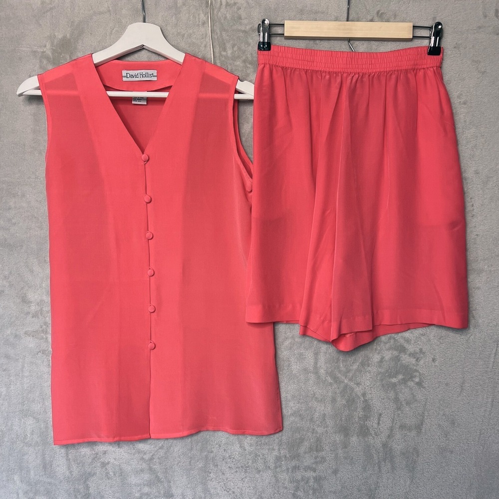 David Hollis Silk Top & Shorts Set 2 Piece Womens Small Coral Pink 90s y2k
